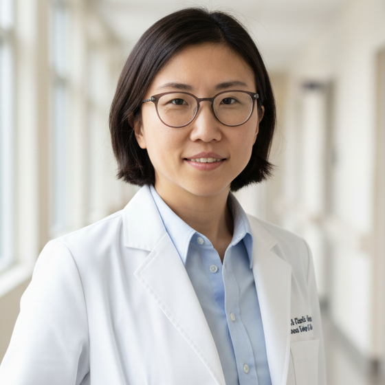 Asian woman doctor wearing a white lab coat and glasses stands in a bright hospital corridor with a calm smile.